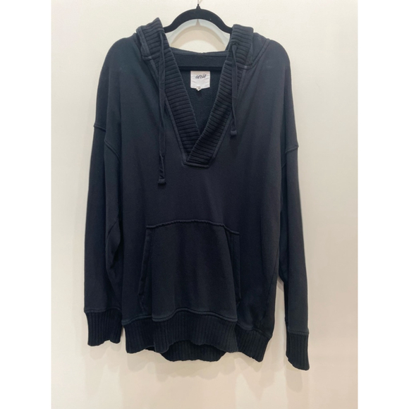 Aerie Tops - Aerie Down to Earth Henley Hoodie Black Ribbed V-Neck Sweatshirt M Oversized